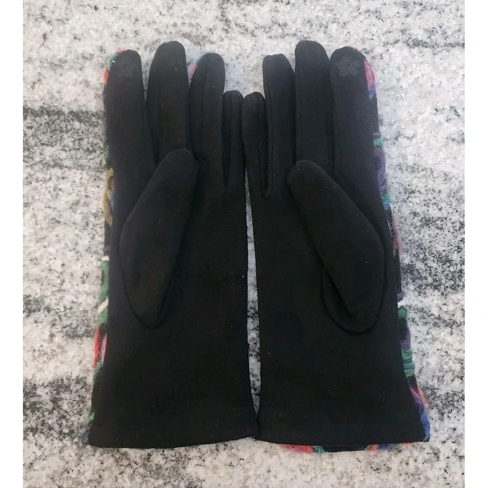 FABRIC HEART TOUCH GLOVES WOMENS YARN EMBROIDED WINTER BLACK COLORFUL SOFT